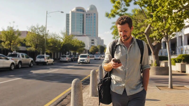 Traveller using a phone on a Gaborone street.