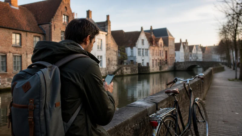 Traveller using a smartphone during a trip in Belgium