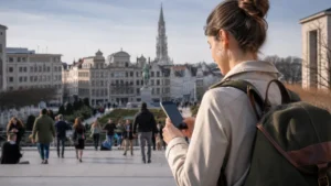 Traveller using a smartphone during a trip in Belgium