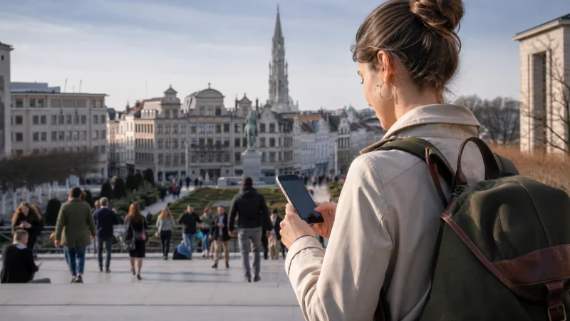 Traveller using a smartphone during a trip in Belgium