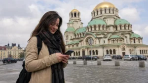 Traveller using a smartphone in central Sofia