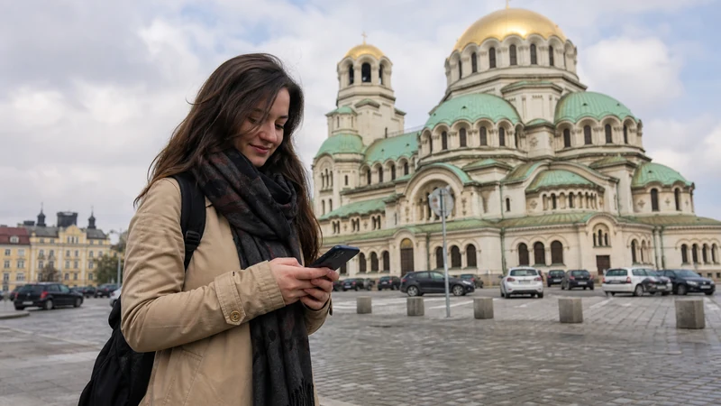 Traveller using a smartphone in central Sofia