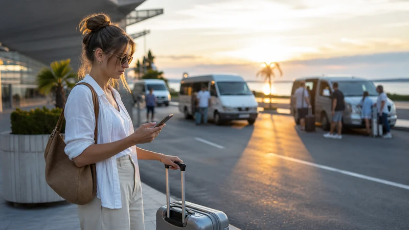Traveller coordinating a resort transfer outside Burgas Airport
