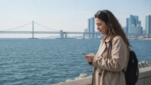 Traveller using mobile data beside the Busan waterfront