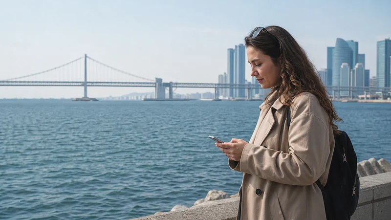 Traveller using mobile data beside the Busan waterfront