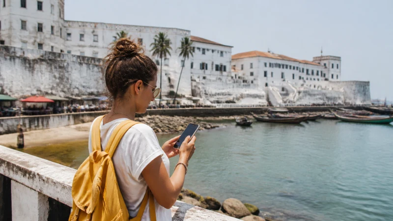 Traveller using a smartphone on the seafront in Cape Coast