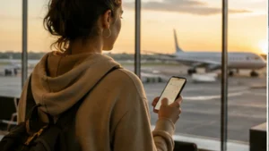 Traveller using a smartphone in Uruguay for internet carrasco airport