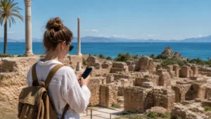 Traveller using a smartphone for Internet Carthage Tourists in Tunisia