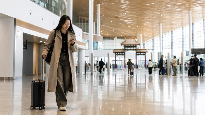Traveller using a smartphone in Mongolia for internet chinggis khaan airport