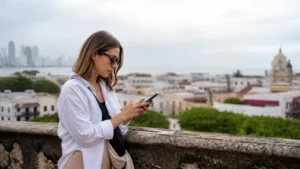Traveller using a smartphone in Colombia for a traveller’s guide to mobile internet in colombia