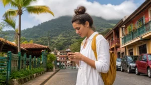 Traveller using a smartphone in Costa Rica for a traveller’s guide to mobile internet in costa rica