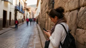 Traveller using a smartphone in Peru for internet cusco tourists