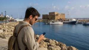 Traveller navigating with a smartphone in Paphos