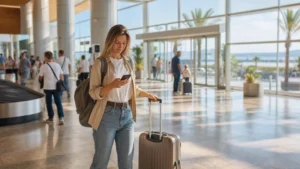 Traveller checking mobile internet after arriving at Dalaman Airport in Turkey.