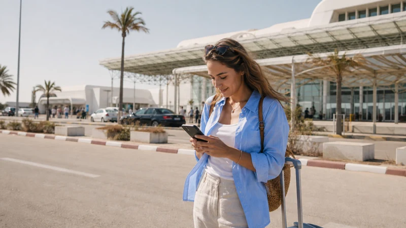 Arriving traveller using a smartphone at Djerba Airport