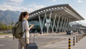 Arriving traveller using a phone outside Dushanbe Airport