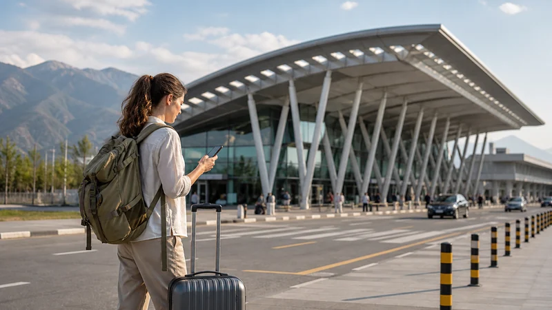 Arriving traveller using a phone outside Dushanbe Airport