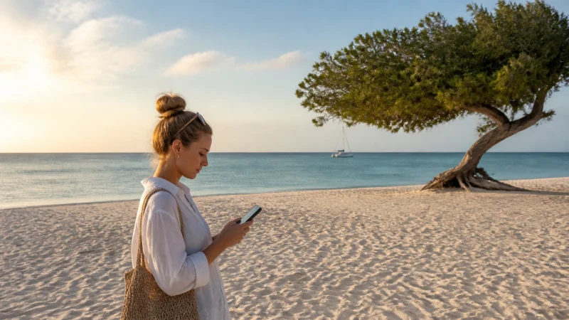 Traveller using a smartphone beneath a divi divi tree at Eagle Beach