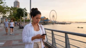 Traveller using a smartphone in Ecuador for internet ecuador tourists