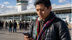 Traveller using a smartphone in Bolivia while researching mobile internet at el alto international airport