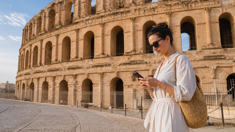 Traveller using a smartphone for Internet El Jem Amphitheatre in Tunisia