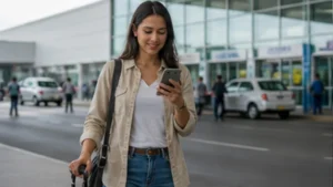 Traveller using a smartphone in El Salvador while researching mobile internet at el salvador international airport