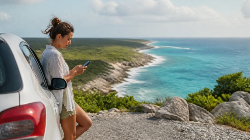 Traveller using a smartphone at a coastal viewpoint in Eleuthera