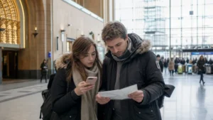 Tourists checking mobile internet directions at Helsinki Central Station