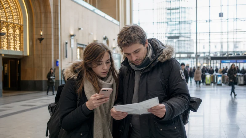 Tourists checking mobile internet directions at Helsinki Central Station