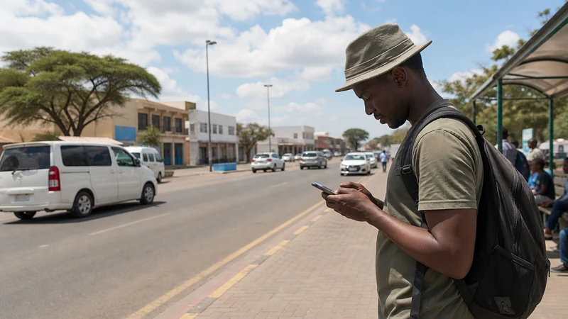 Francistown street scene with smartphone traveller.