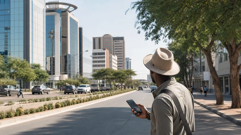 Gaborone city centre traveller using smartphone.