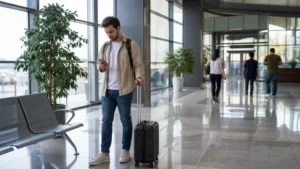 Arriving traveller checking a smartphone at Ganja Airport