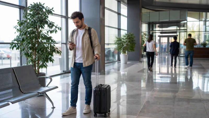 Arriving traveller checking a smartphone at Ganja Airport