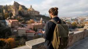Traveller using a smartphone above Tbilisi old town in Georgia