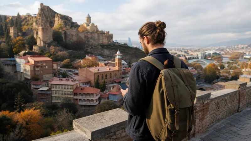 Traveller using a smartphone above Tbilisi old town in Georgia