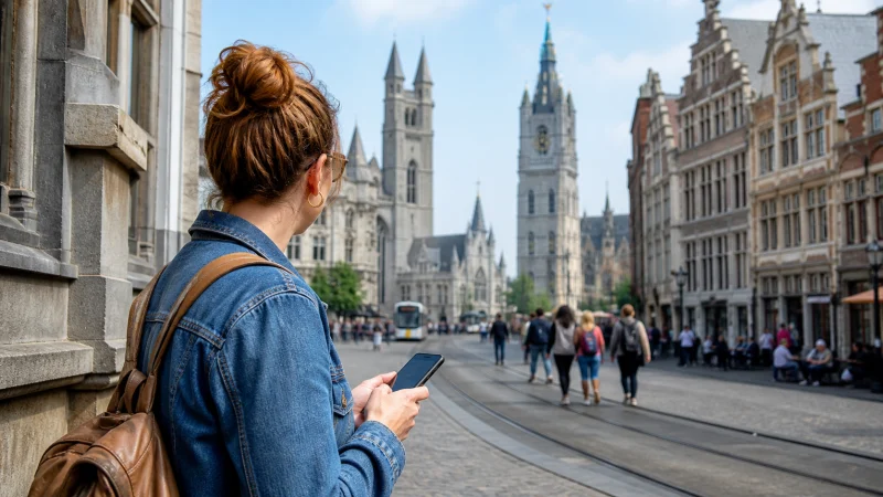 Traveller using a smartphone during a trip in Belgium