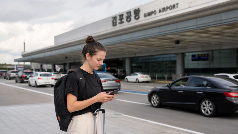 Arriving traveller using a smartphone outside Gimpo Airport