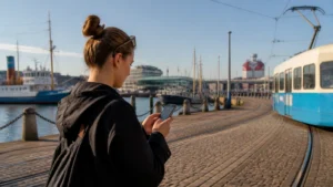 Traveller using a smartphone while preparing for internet in gothenburg for tourists