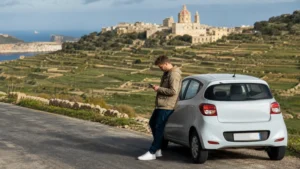 Traveller checking a smartphone during a journey across Gozo