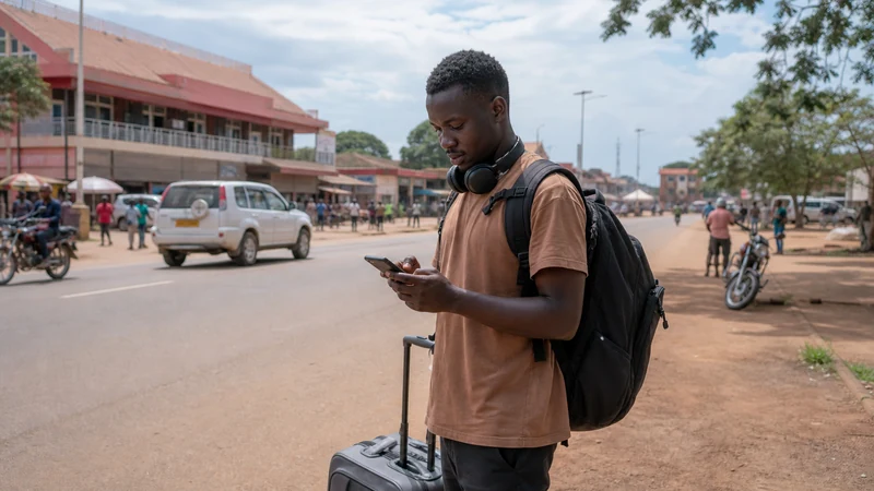 Gulu city traveller checking a phone before an onward journey.