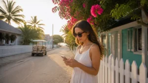 Traveller checking a smartphone on a pastel lane on Harbour Island