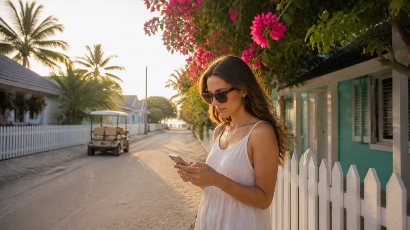 Traveller checking a smartphone on a pastel lane on Harbour Island