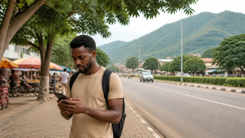 Traveller checking a smartphone with hills behind Ho Ghana
