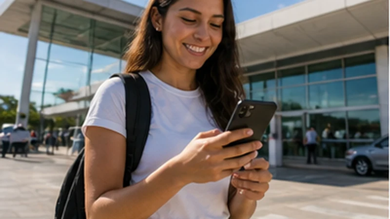 Traveller using a smartphone in El Salvador while researching mobile internet at ilopango international airport