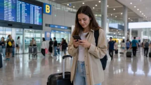 Arriving traveller using a smartphone at Incheon Airport