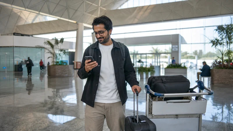 Arriving traveller using a smartphone at Islamabad Airport