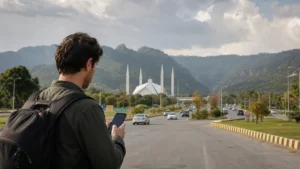 Traveller using mobile navigation in Islamabad