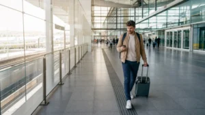 Traveller checking mobile internet while walking through Izmir Airport in Turkey.