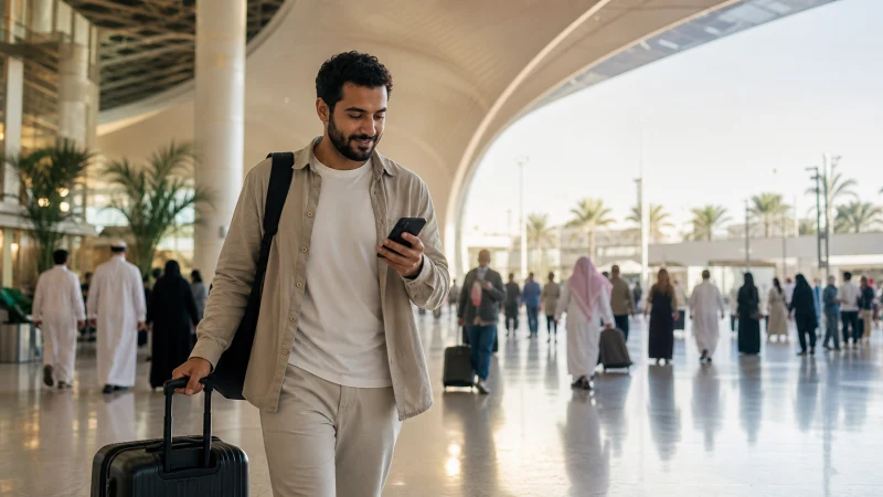 Traveller checking mobile data in Jeddah airport arrivals.