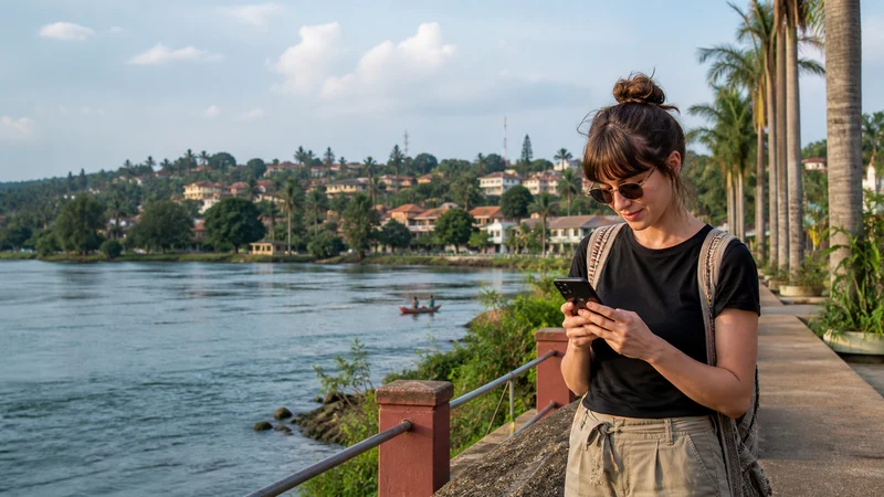 Jinja street scene with smartphone traveller.